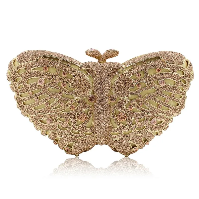 Beau papillon rose rose cristal femelles embrayage de soirée sac à main en métal doré concepteur de pierres de pierre précieuse.