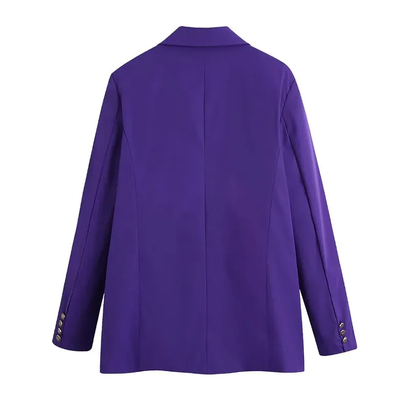 Xeasy Women Two-Piece Set Purple Vintage Office Lady Double Breasted Blazer Slim High Waist Folds Skirt Suit 220302