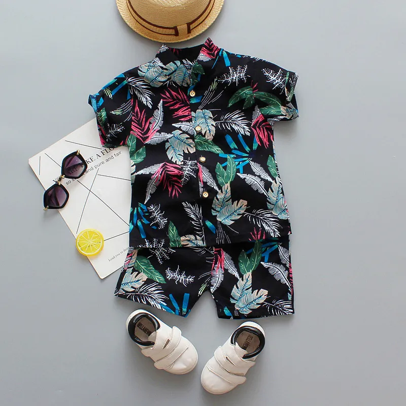 Meninos verão 1 2 3 4 anos criança bebê conjunto moda praia folha flor impressão camisa roupa de férias traje c10163197887