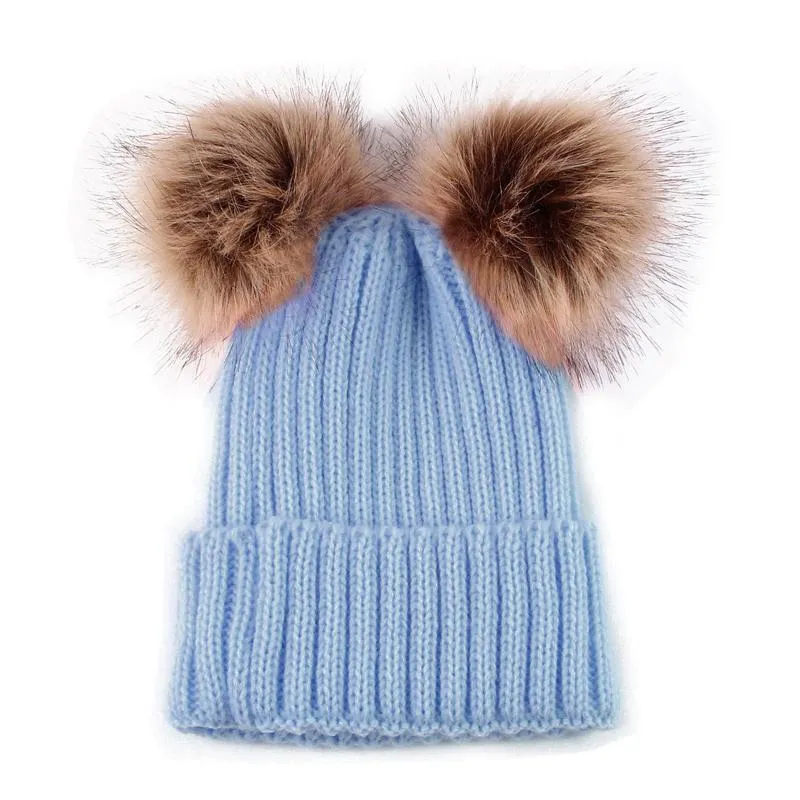 Chapeaux d'hiver tricotés en fourrure à deux pompons pour femmes, Bonnet en fausse fourrure, mignon, en laine, chaud, Gorro Bonnet Femme231J