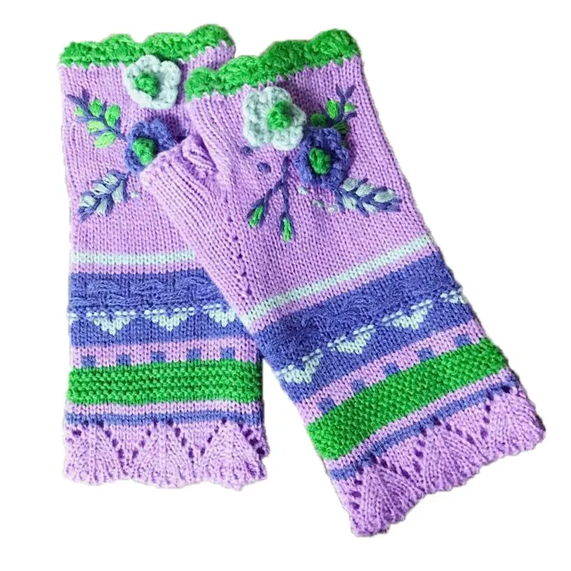 5本の指の手袋編み長い手の女性の温かい刺繍腕ウォーマーkawaii冬フィンガーレスタッチスクリーンガール屋外12970
