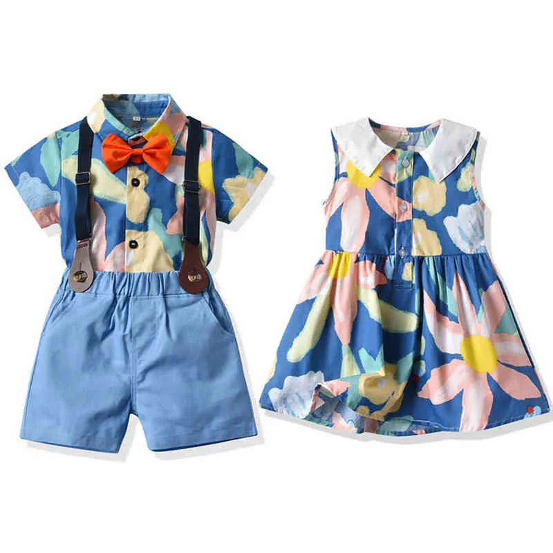 Roupas irmãos e irmãs Set Summer Family Combating Roupfits Kids Boys Gentleman Clothes Girls Floral Princess G220310