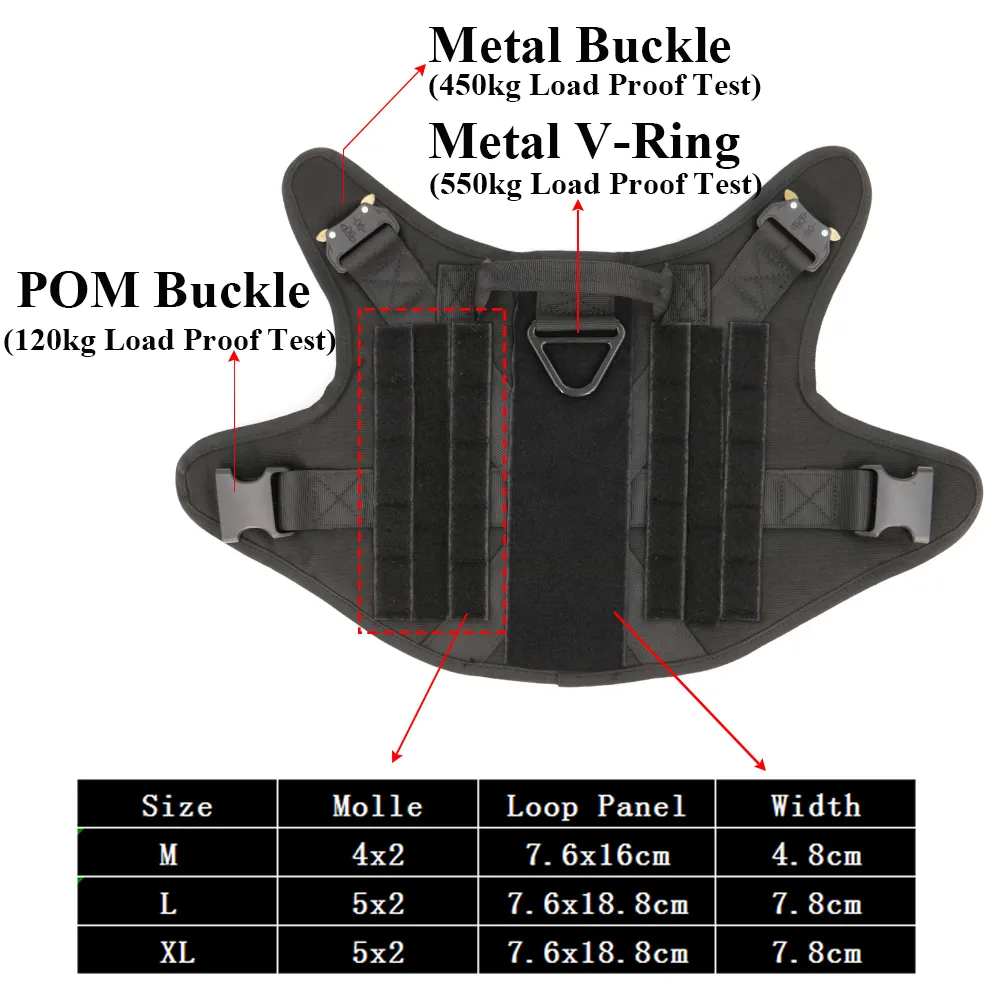 Militär taktisk hund Harness husdjursträning hund Vest Metal Buckle German Shepherd K9 Dog sele och koppel för små stora hundar C10292J