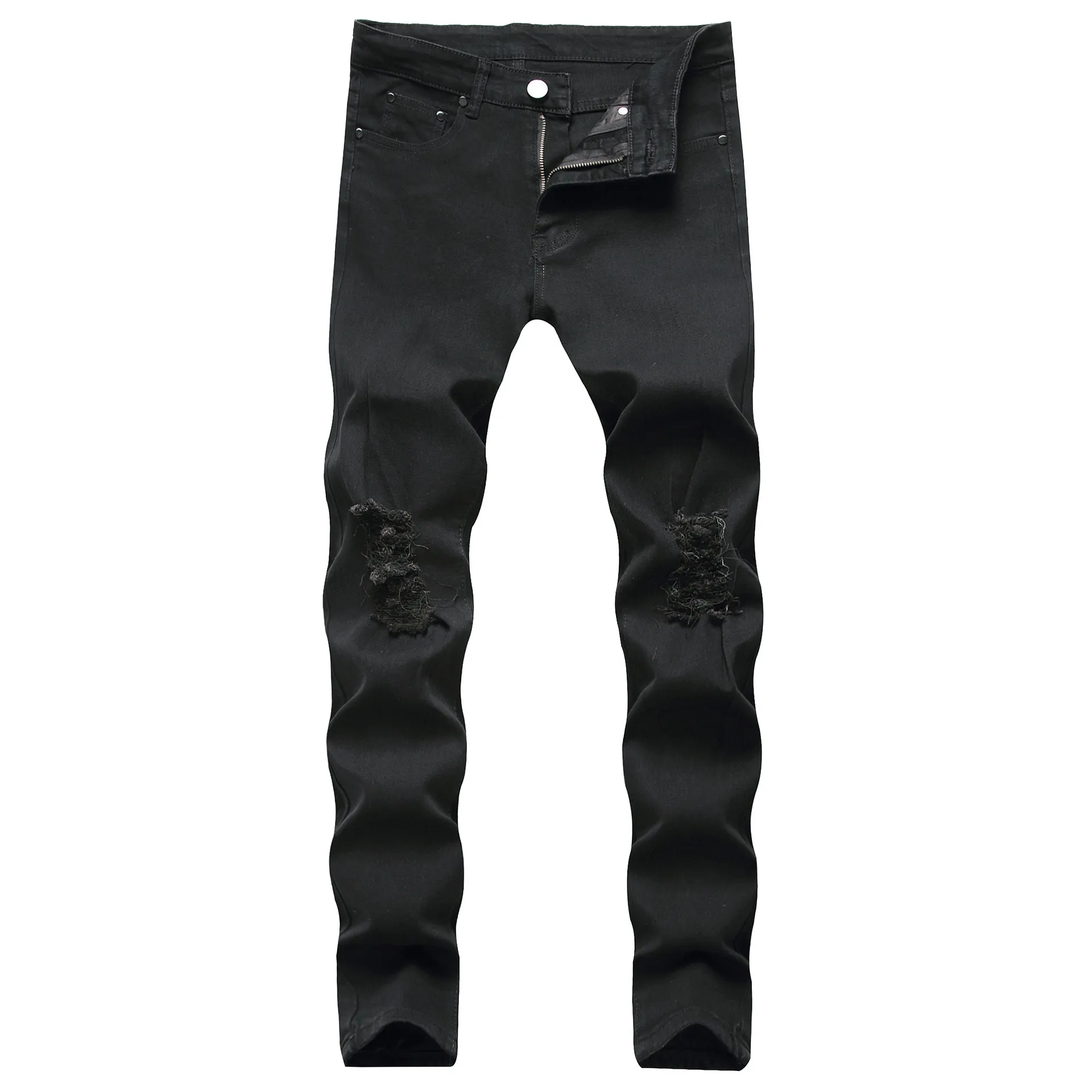 GODLIKEU White Mens Jeans Ripped Distressed Black Skinny Denim Hip Hop Button Stretch Pants