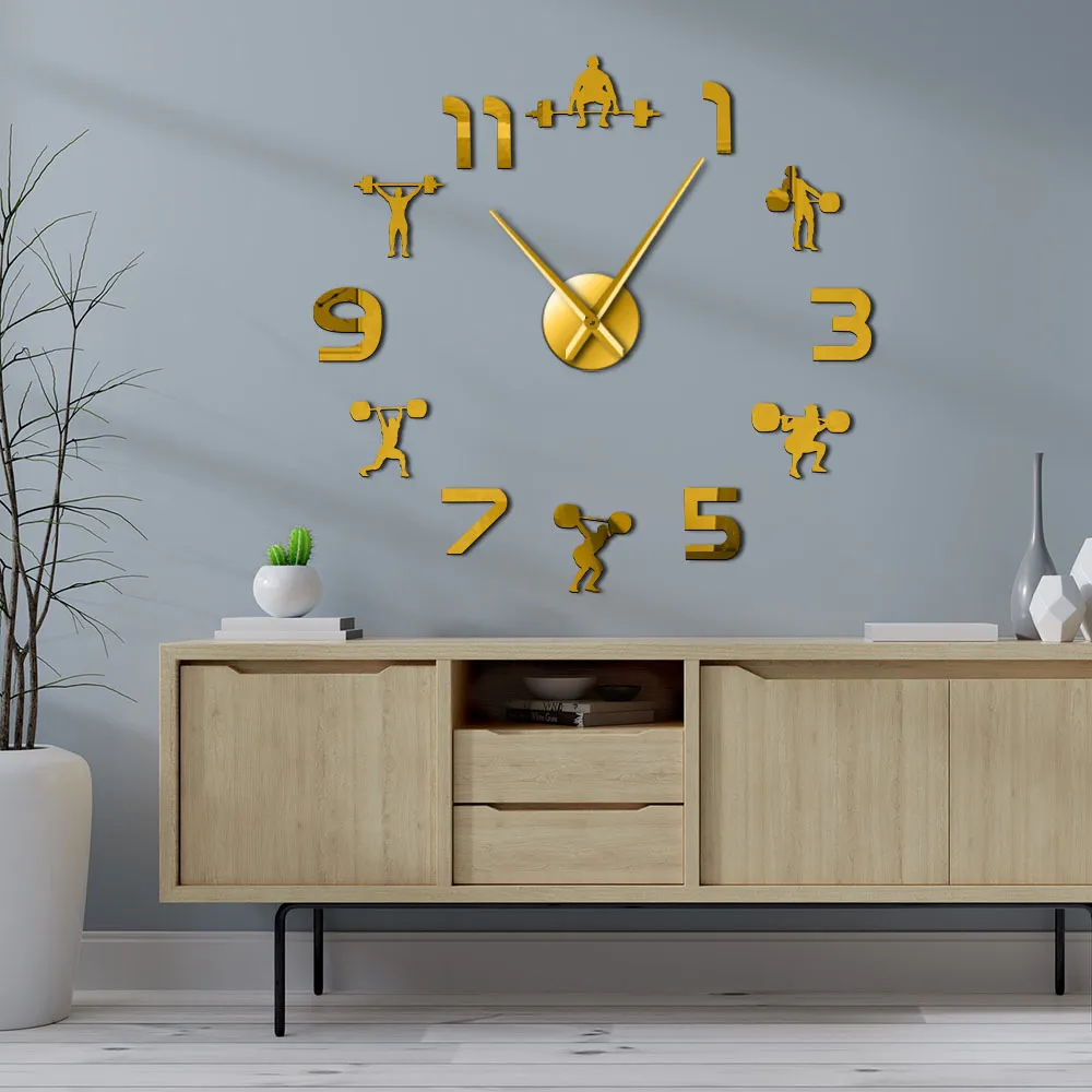 重量挙げられたフィットネスDIY GIANT時計ジムウォールステッカーウォッチ3D高級ウォールクロッククリエイティブウォールアートの装飾ジムLJ200827