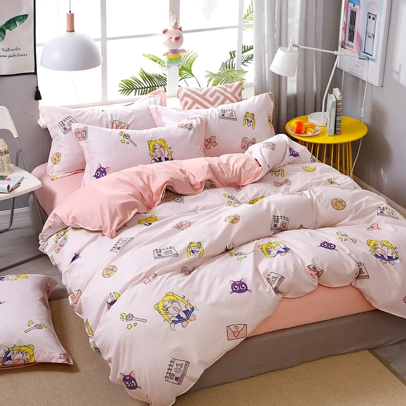 4st Pink Strawberry Kawaii sängkläder set lyx queen size bäddark barn täcke mjuk tröskel bomulls sängkläder för tjej c1246u