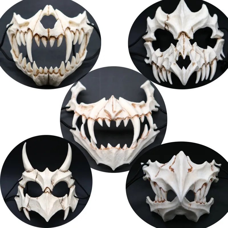 Half Animal Mask Long Teeth Demon Samurai White Bone Mask Tengu Dragon Yaksa Tiger Harts Mask Cosplay T200509209U