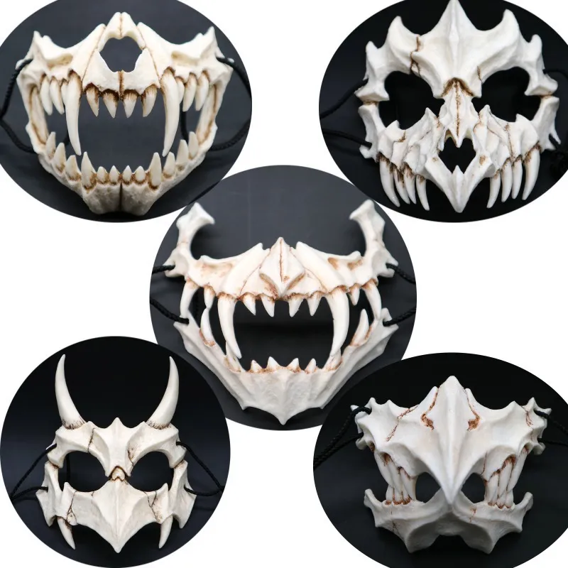 Mezza maschera animale Denti lunghi Demone Samurai Maschera di osso bianco Tengu Drago Yaksa Tigre Maschera di resina Cosplay T200509242H