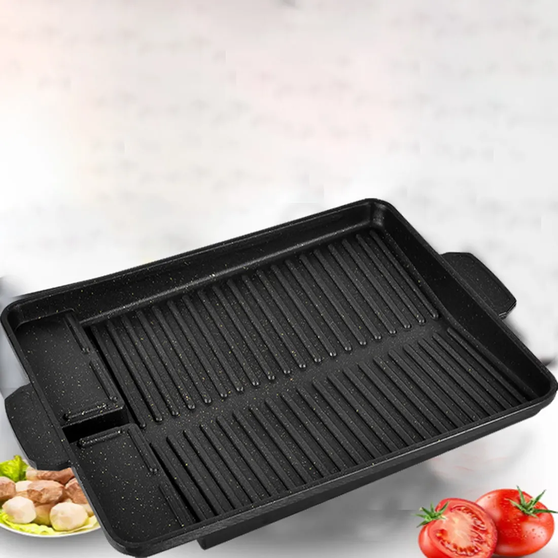 Heet 32 ​​x 26 cm stenen barbecue frituren Grill Pan rechthoek Nitaanvals grill kookgerei Koreaanse BBQ Tray Barbecueplaat - Zwart T200506
