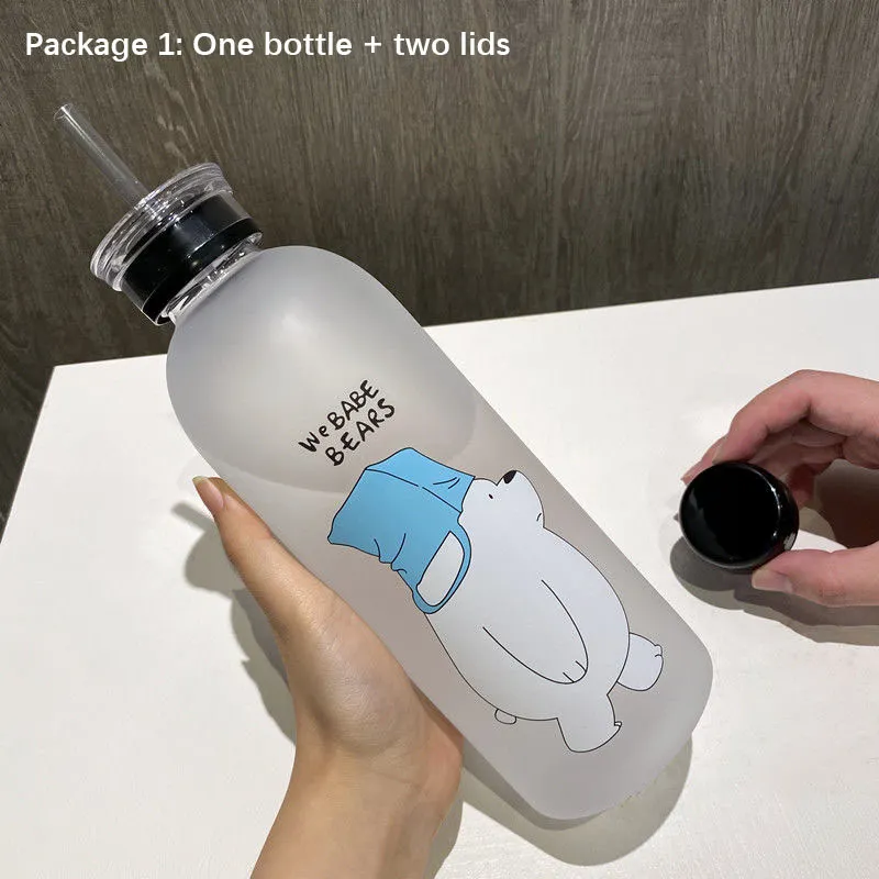 1000ML Botellas de agua de gran capacidad Patrón de oso lindo Botella de agua de plástico Transparente Helado a prueba de fugas Drinkware Taza de agua 201105