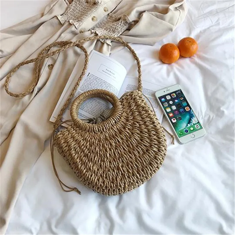 Summer Straw Beach Bag ręcznie robione okrągłe kobiety na ramionach Rafia Circle Rattan Torby Bohemian Casual Tleven Basket torebki 20212592