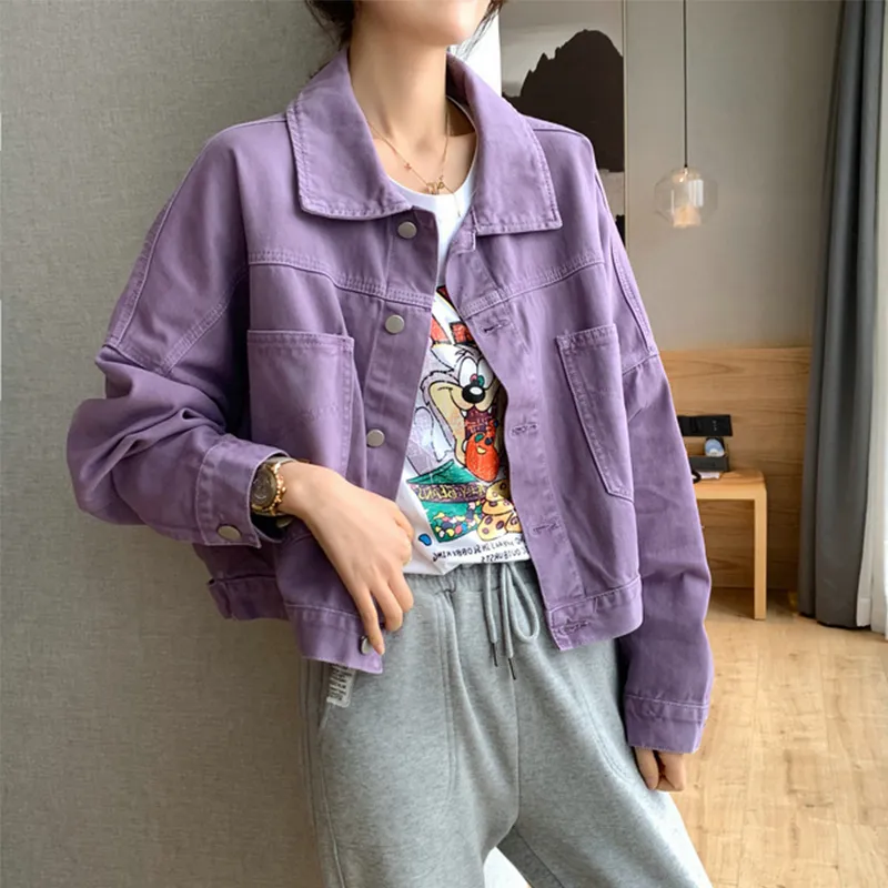 Solid Turn-down Collar Jean Jacket for Women Loose Casual Purple Fashion Coats Korean Style Female Denim Short Top Feminine LJ200825