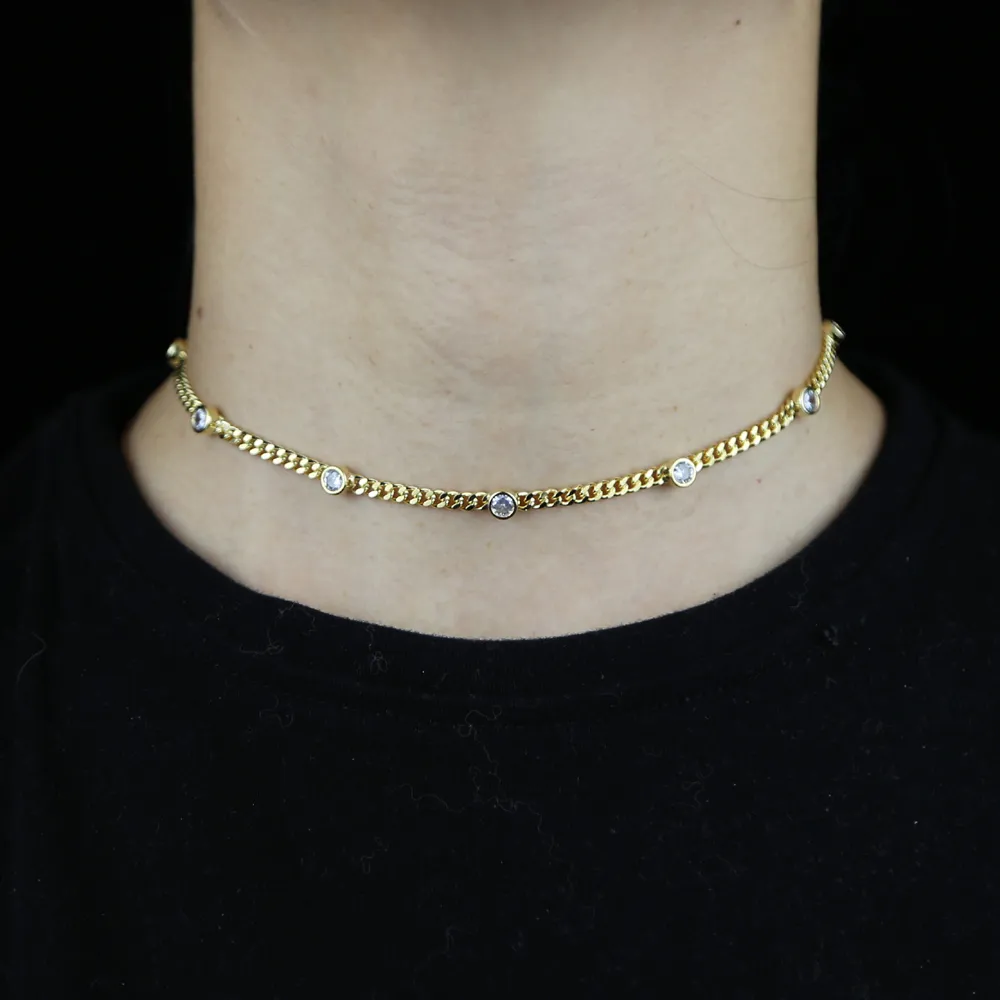 3 mm breedte dunne gewone Cubaanse linkketen 4 mm bezel CZ European Women Gold Color Chain Choker Necklace Valentijnsdag Gift1350482