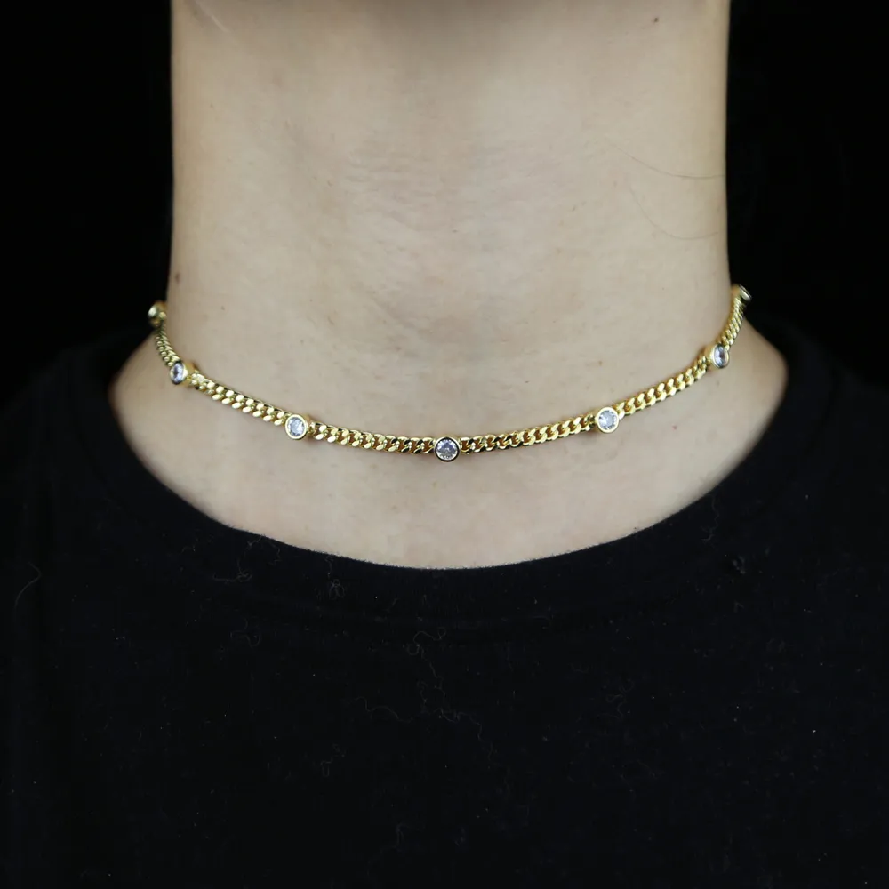 3mm bredd tunn vanlig kubansk länkkedja 4mm Bezel CZ European Women Gold Color Chain Choker Necklace Valentines Day Gift3178