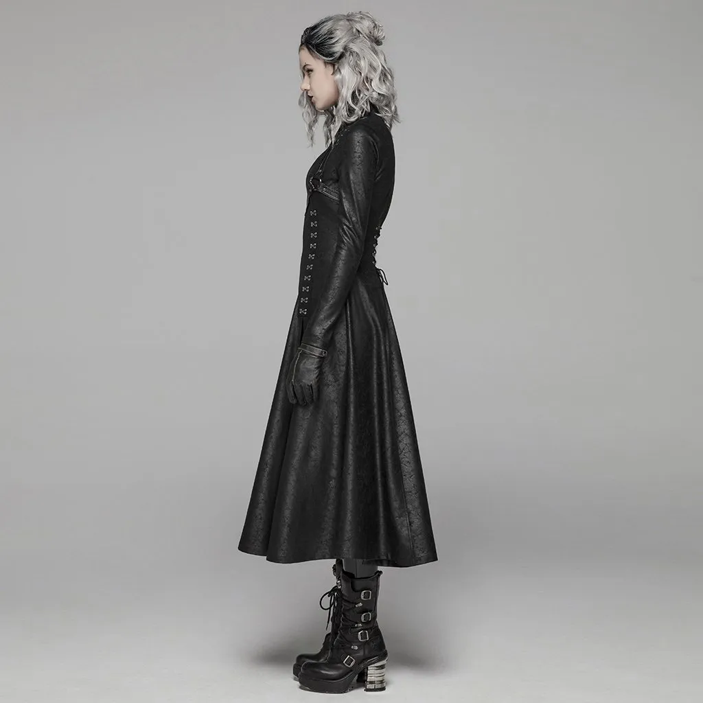 PUNK RAVE Women Dark Punk Long Coat Retro Front Zipper Stand Collar Overcoat Punk Rock Stage Perform Women Long Trench Coat LJ200903