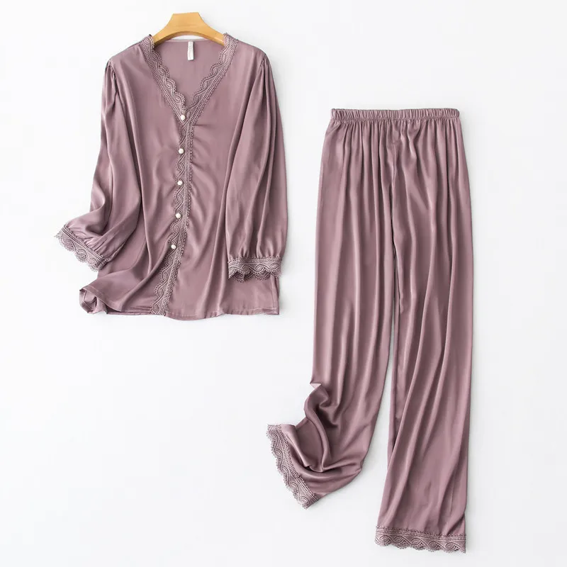 Fiklyc Unterwäsche dünnes Design Damen Versuchung zweiteilige Langarmhosen Pyjama-Sets Satin Home Nachtwäsche Kleidung Anzüge 201027