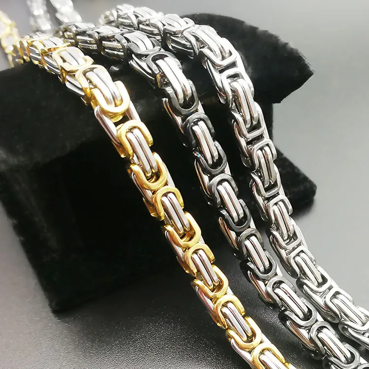 Colar de Cadeia para Homens e Mulheres 5mm Byzantine Chain Sólida Aço Inoxidável Cor Prata Gargantilha Choker Link 24 polegadas Cor de cor prata de ouro preto