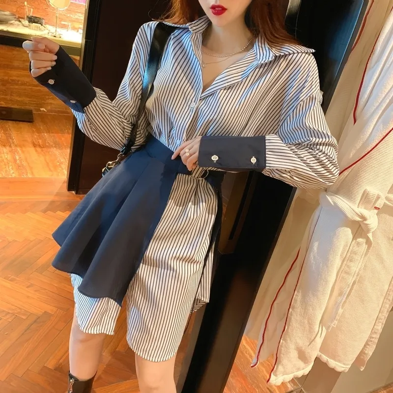 Höstkvinnor Två stycken Set Stripe Långärmad Blus Klänning + Lace Up Mini Skirt Korean Fashion Suit Womens Clothing 220302