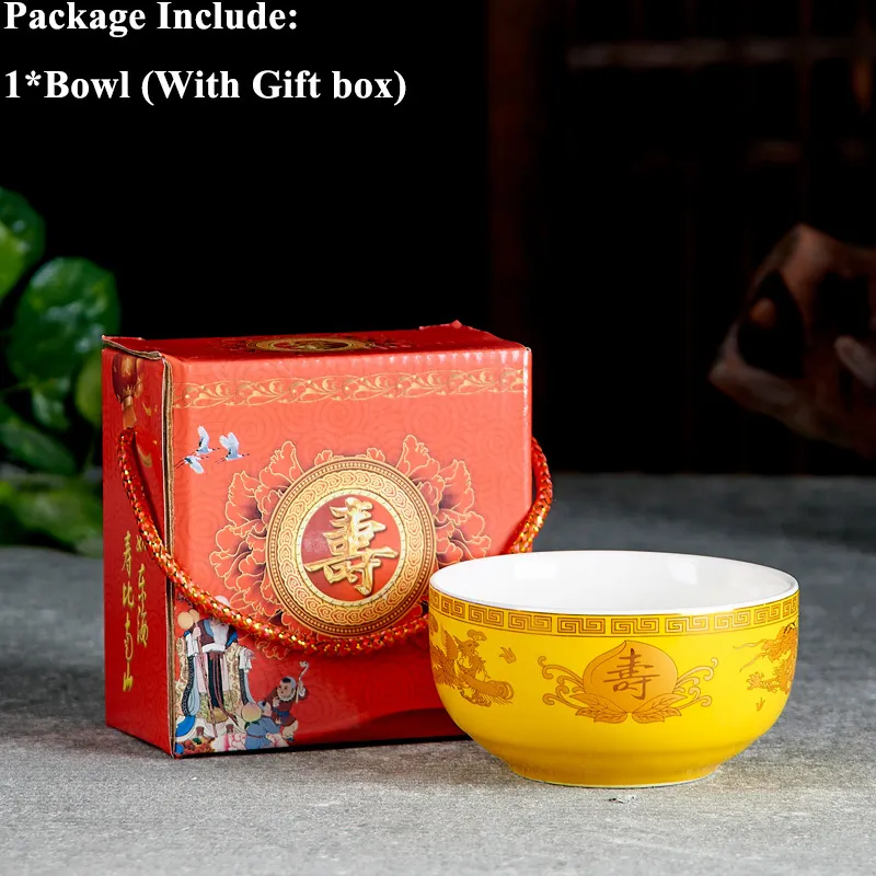 Chinese Auspicious Tableware Set Red Yellow Ceramic Porcelain Dinnerware Birthday Ramen Bowls Soup Rice Bowl Gift for Home Decor C8771343