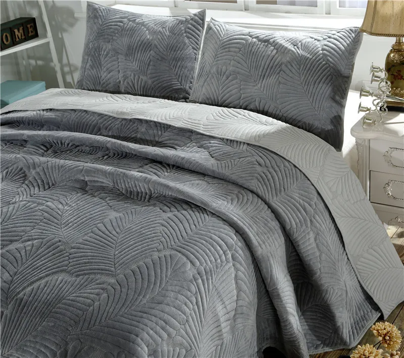 Plush Cotton Quilt Zestaw liście palmowe haftowe pikowane łóżko arkusze pokrywy łóżka poduszka okładka king size y200417