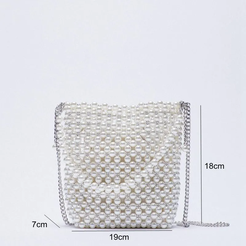 Za Pearl Beaded Bag White Fairy Portable Messenger s med kedja kvinnliga plånböcker och handväskor Korskropp kvinna 220224