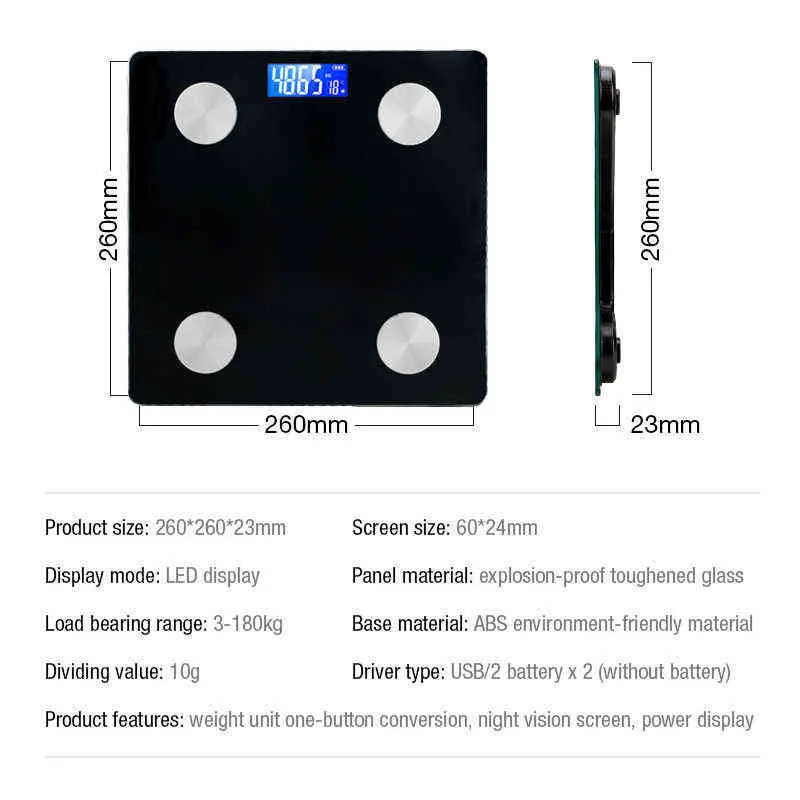 Pèse-personnes de salle de bain Balances de pesage numériques Électroniques sans fil Bluetooth Verre Portant 180 kg Analyseur de composition intelligent H1229