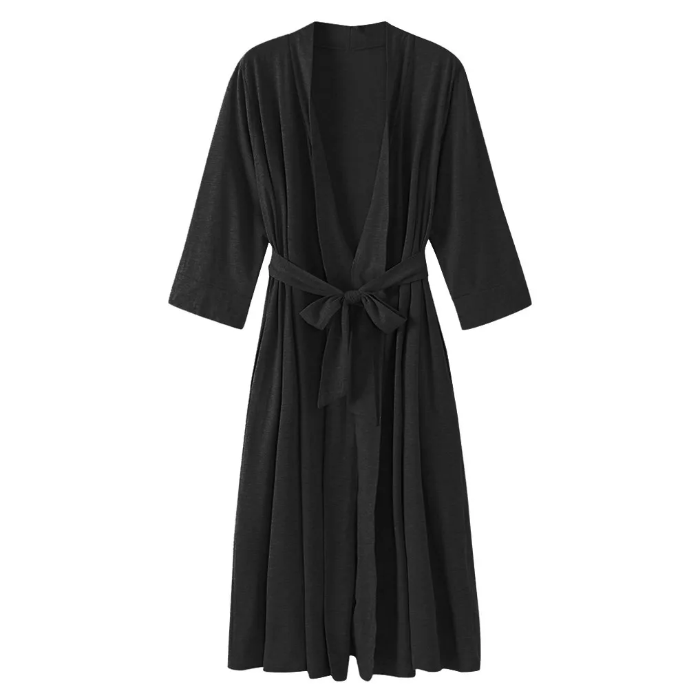 SAGACE Women Fashion Robe Belt 4/3 Sleeve V-neck Lightweight With Belt Long Robe Bathrobe Sleepwear Night Gown Night Dress MAY22 210203