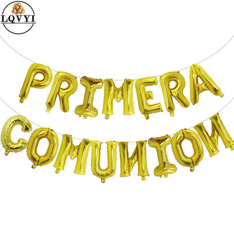 / pakiet 15 sztuk 16-calowy litera Święta Pierwsza Komunia Dekoracja Srebrna Folia Balloons Banner Gold Hiszpański Primera Comunion Wiszący Bunting W220223