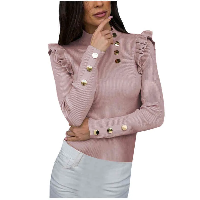 Bouton Elegant Blouses Femmes Spring and Automne Ruffled à manches longues Tops Slim Stand Collar Colrs pour femmes H1230