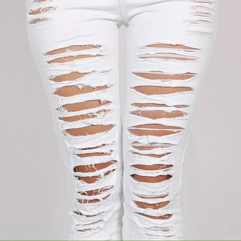 Sottile le donne New Fashion Summer Skinny Denim Sexy Hole Bianco Nero Matita a vita media Jeans 201106
