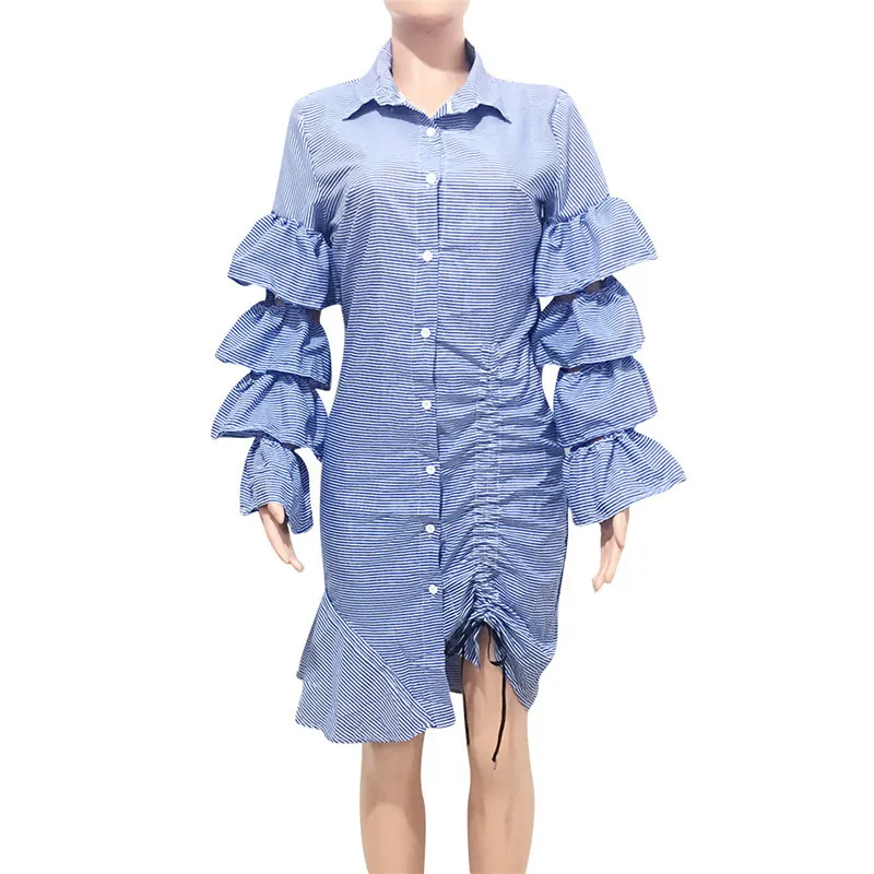 Blue Striped Irregular Shirt Dress Women Layered Ruffles Sleeve Button Up Knee-length Midi Dress Drawstring Party Casual Dresses Y0118