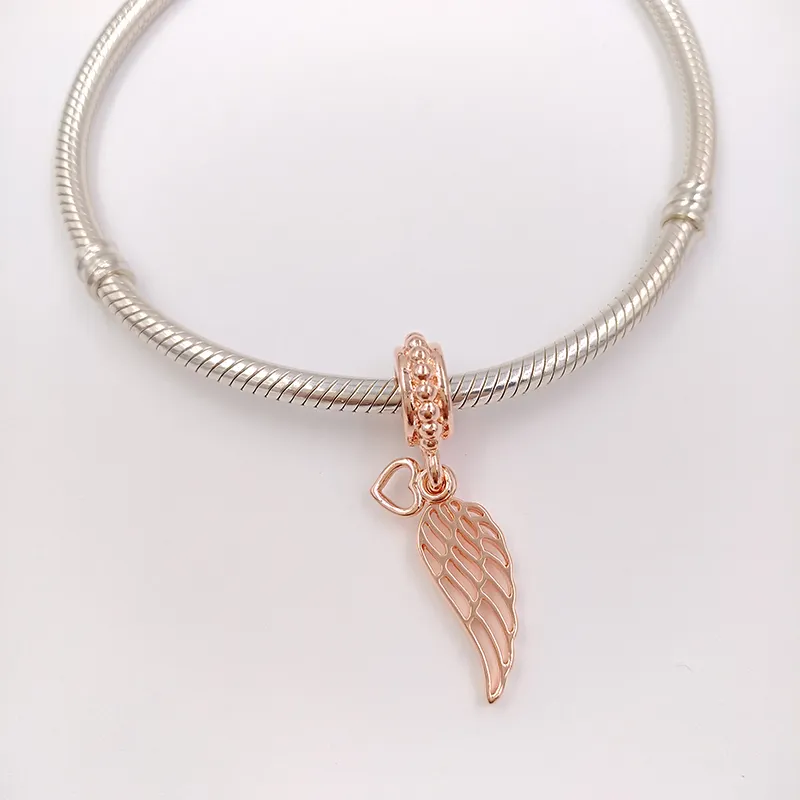 Kein Verblassen der Farbe. Engelsflügel aus massivem Roségold mit CZ, Pandora-Charms für Armbänder, DIY-Schmuckherstellung, lose Perlen, Silberschmuck, Großhandel 781389