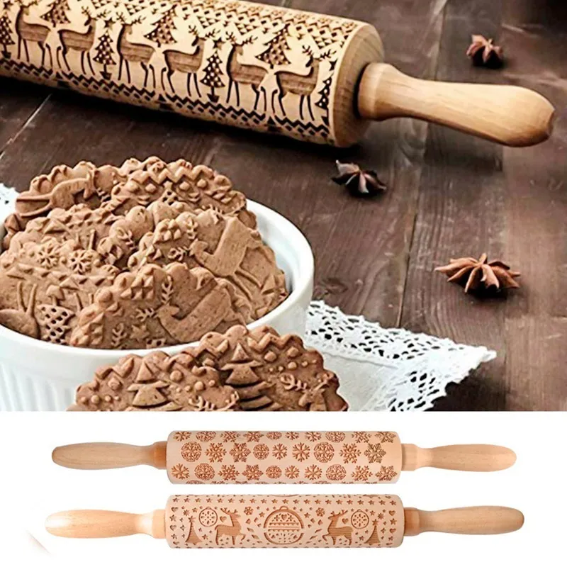 Elk Wooden Print Rolling Pin Merry Christmas Decortations for Home Navidad Noel Dessert Tools Year DIY Craft Xmas Y201020