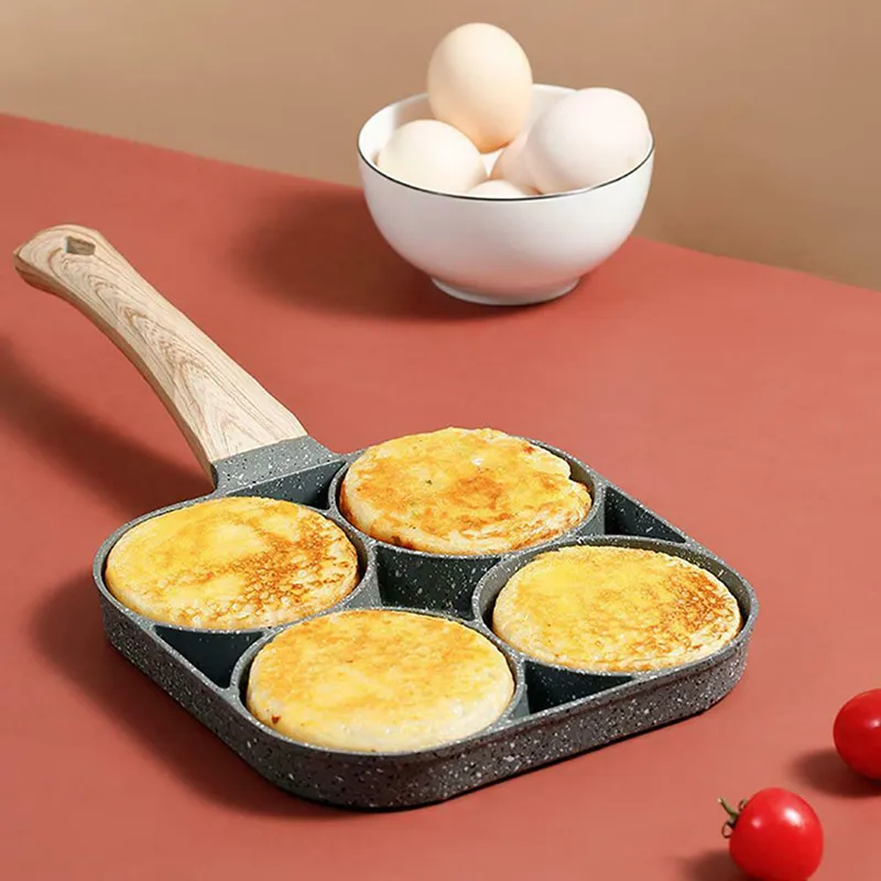 Neue 4-Loch-Omelettpfanne für Burger-Ei-Schinken-Pfannkuchen-Hersteller Holzgriff Bratpfanne Heißes Frühstück Grill Wok Kochtopf Dropshipping 201223