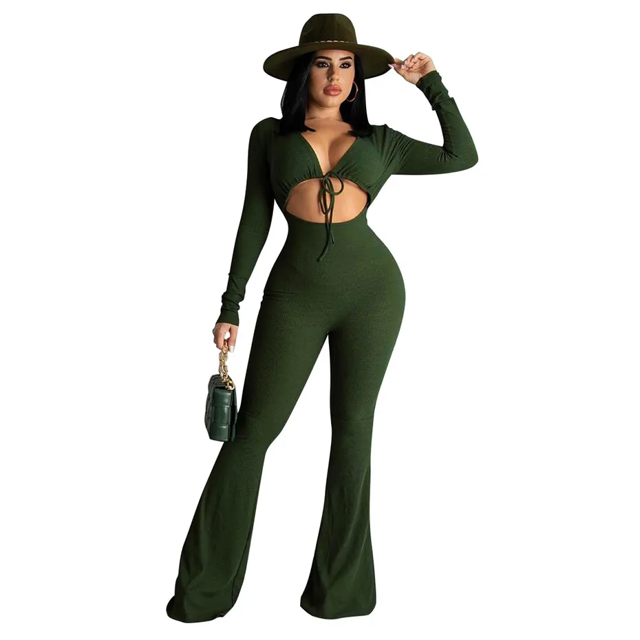 Women Sexy Flare Jumpsuit Long Sleeve Bind Rompers Elegant Fashion Slim Pullover Comfortable Clubwear Overalls K7783
