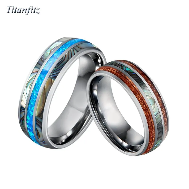 Wedding Rings Marriage Alliances 8mm Blue Opal Tungsten Carbide Jewelry Koa Wood Shell Band Couple For Men And Women Gift1223E
