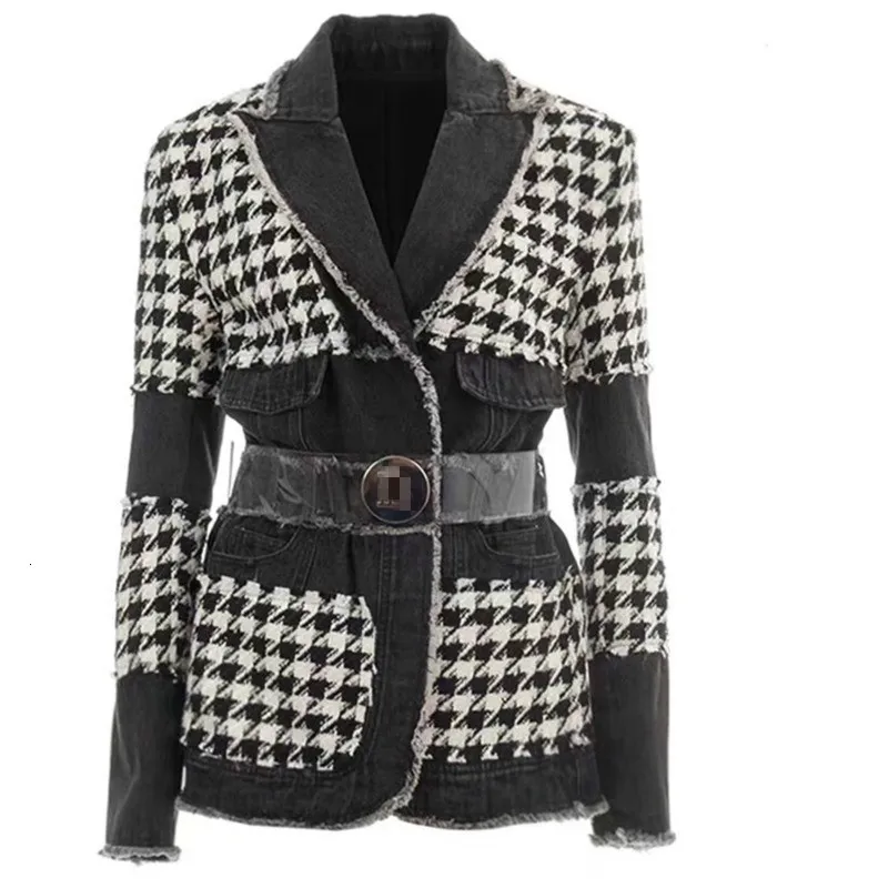 EWQ Autumn Winter New Sleeve Full Lattice Tweed Cowboy Split Combor Long Fund Fund Funding Trend Trend Jacket Female 201019