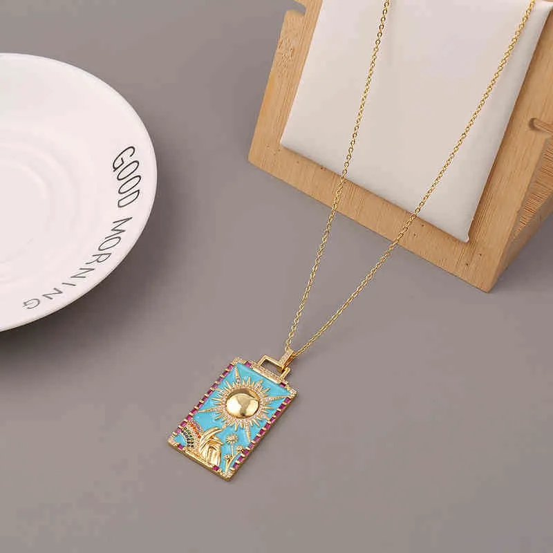 Hip Hop Cross Corrach Corrente de Cobre Oil Drop Zircon Pingente Retangular Rainbow Tarot Lua Personalidade Frio Wind Necklace2QB3