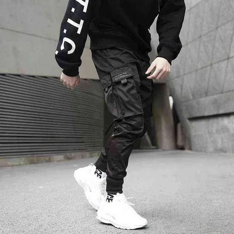 HOUZHOU Techwear Joggers Men Black Cargo Pants Streetwear Hip Hop Pockets Track Pants Male Harajuku Fashion Trousers Ribbons G220224