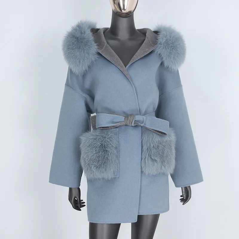 Bluenessfair 2020 Wool mieszanka wełny prawdziwa futrzana kurtka zimowa Kobiety Naturalny futra kołnierz kieszonkowy pasek odzieży wierzchniej LJ201106