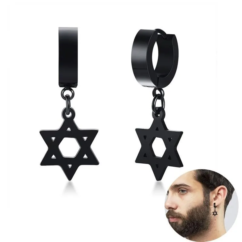 Черная звезда Давида, крест, круглые серьги для мужчин, серьги из нержавеющей стали, еврейские мужские украшения, идеально подходят для любого случая242J