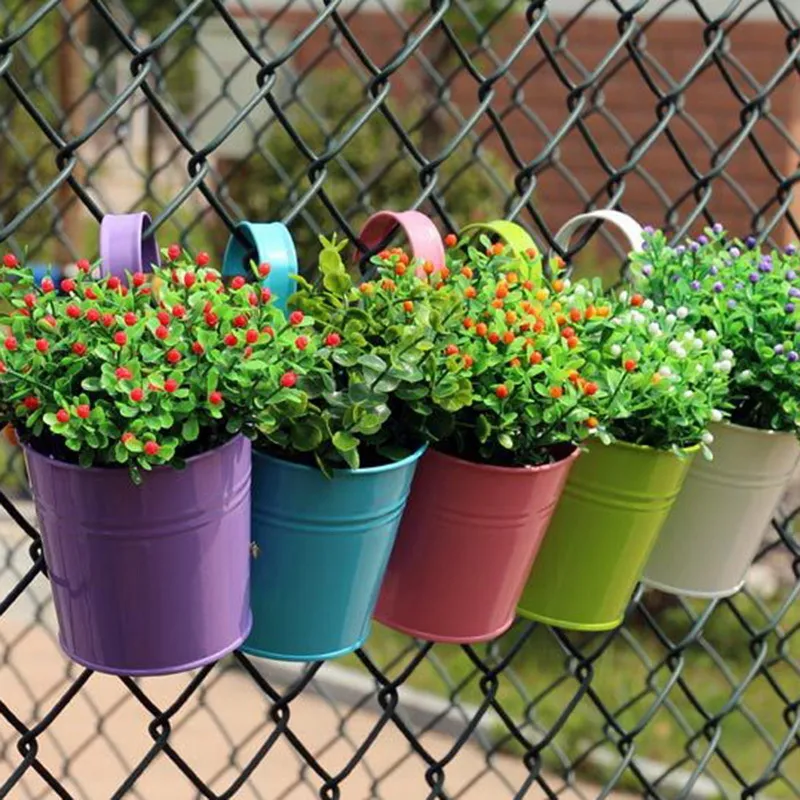 Metal Flower Hanging Flower Pot Hook Wall Removable Candy Color Iron Bucket Tin Garden Balcony Hanging Succulent Basket New T200529