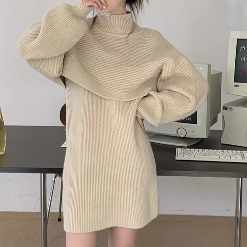 Ezgaga Knit Two Piece Set Women Fashion Turtleneck Sweater Jumper Sleeveless Elegant Dress Loose Solid Pullover Office Lady 220221