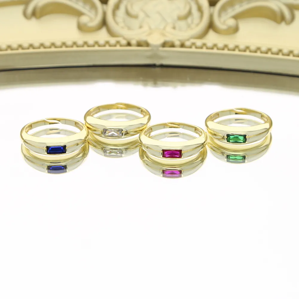 Wholesale Gold color colorful baguette cz red green blue white cubic zirconia open adjusted band women finger dome ring