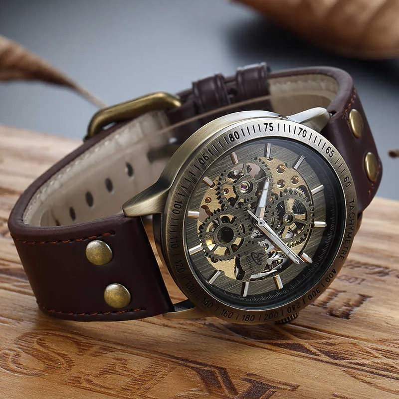 Nouveau bracelet marron rétro Steampunk montre mécanique pour hommes engrenage de Locomotive littéral automatique montres pour hommes Relogio Masculino