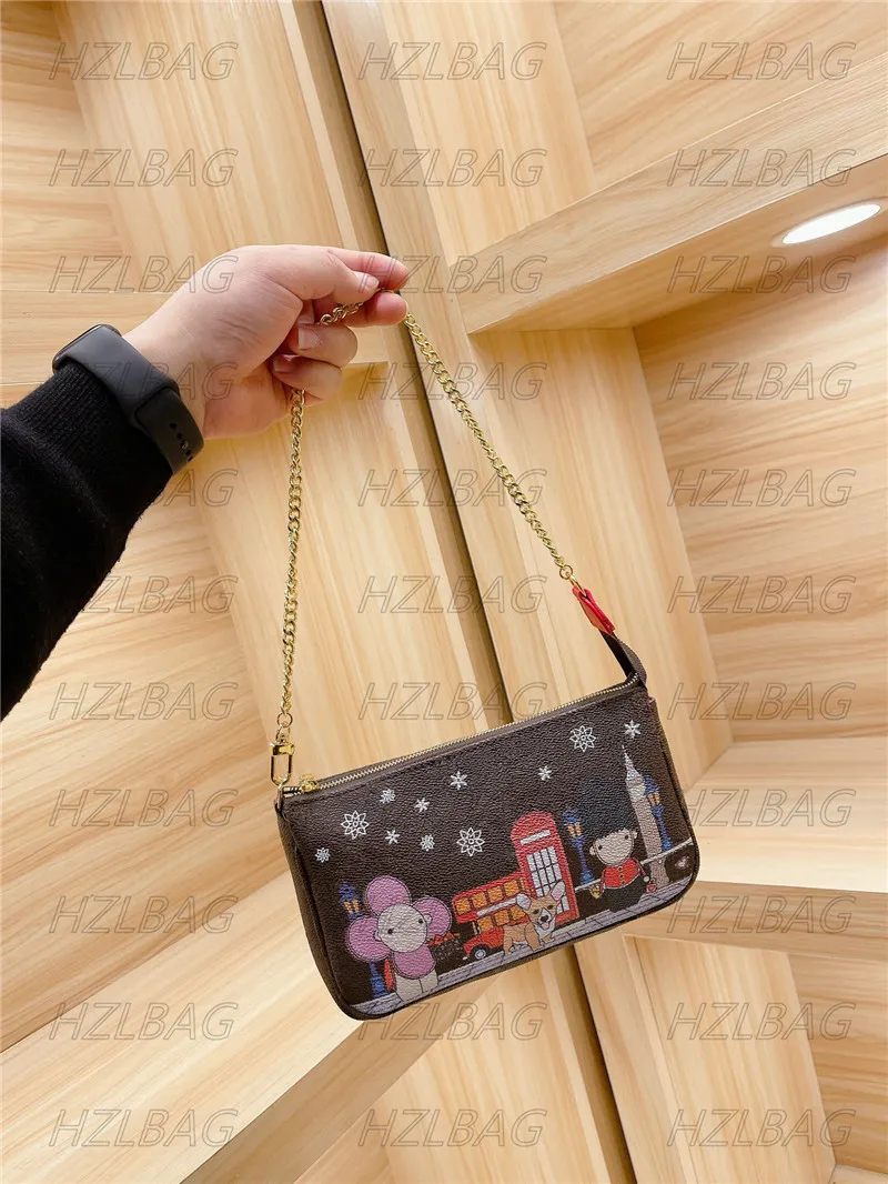 Versatile Zip Pochette Small Shoulder Bags Cherry Blossoms Snowflake Beach Cartoon Pattern Clutch Purse Wallet Mini Chain Bag