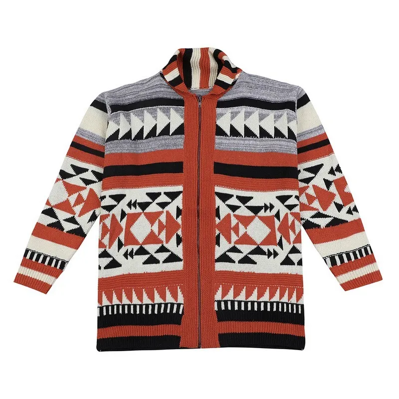 Laamei Men Autumn Sweater Jacket Fashion Geometries Knitted Outwear Coat Sweater Men Hooded Cardigan Vintage Sweater Jumper 201221