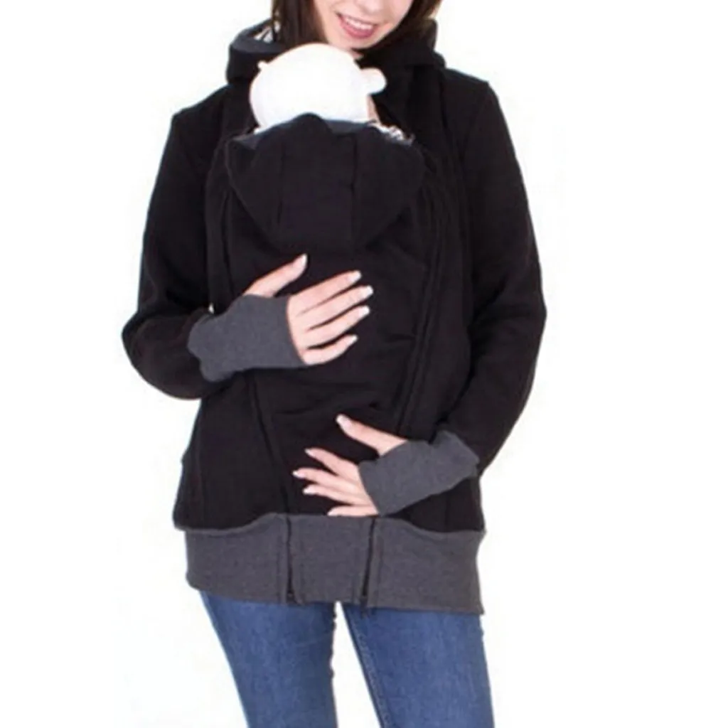 2020 Fashion Women Maternity Striped Baby Pouch Carrier Hoodie Zipper Pregnancy Coat Hoody Outerwear Carry Baby Pregnant Clothes LJ201123