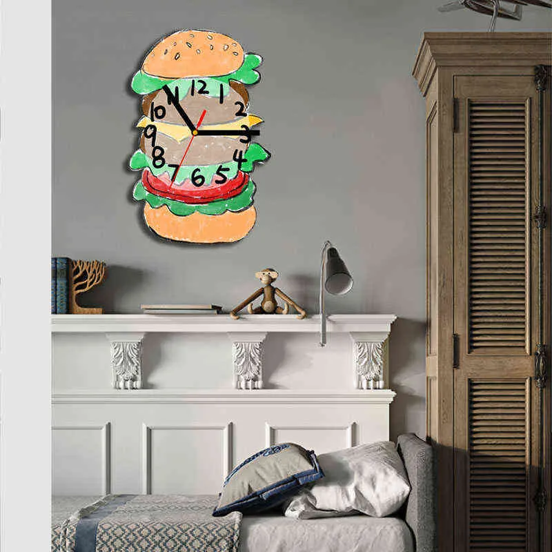 Orologio da parete divertente Camera da letto bambini Orologio da parete creativo cartoni animati Soggiorno Moderno Hamburger silenzioso personalizzato Reloj Pared Decor HX50WC H1230