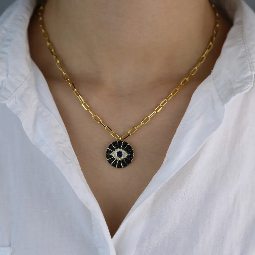 Collana con ciondolo malocchio a forma di moneta rotonda con zirconi neri riempiti in oro, catena a maglie larghe e aperte le donne 2010147437917